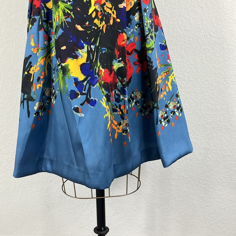 David Meister Blue Floral Fit Flare Sleeveless Scoop Neck Party Dress - Picture 4 of 11